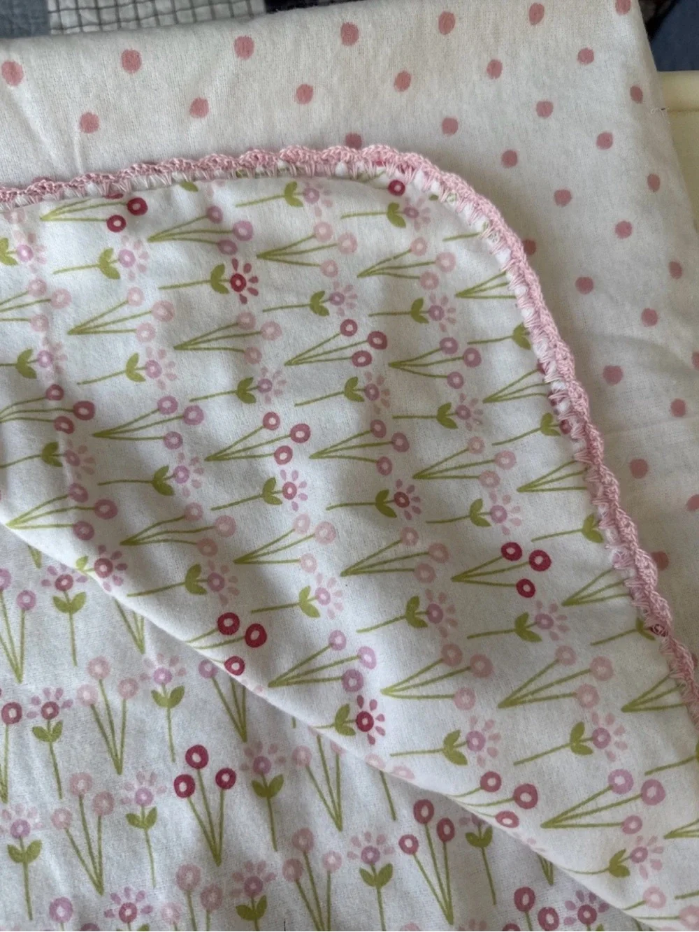 Soft White Baby Blanket with Pink & Green Floral Print 30 x 30 in